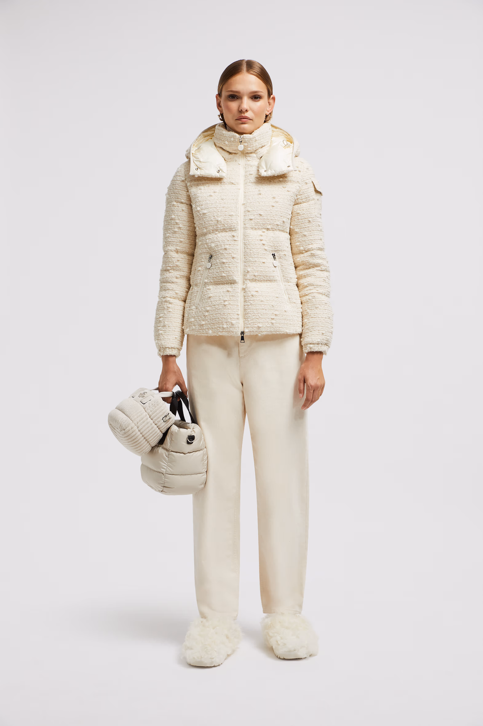 Fourmines Hooded Tweed Short Down Jacket Women White Ivory Moncler 3
